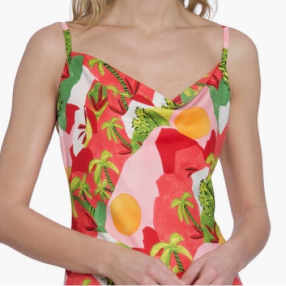NWT Donna Morgan for‎ Maggy London Coral Tropical Asymmetric Midi Dress Size 12